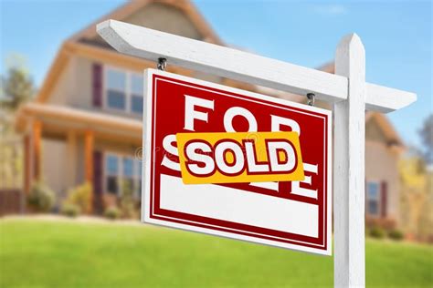 Sold Home For Sale Real Estate Sign In Front Of New House Stock Image