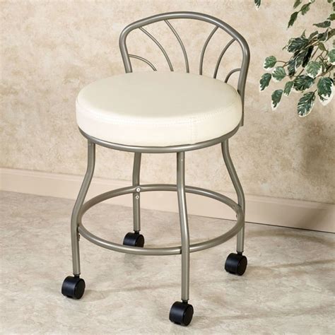 Chrome Metal Vanity Chair With Wheels And Round White Leather Padded