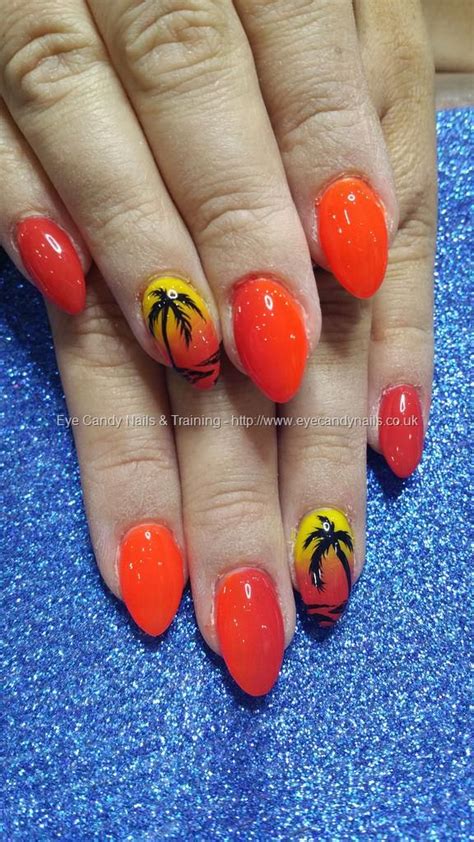 Bright Orange And Red Gel Polish With Freehand Palm Tree Holiday Nail