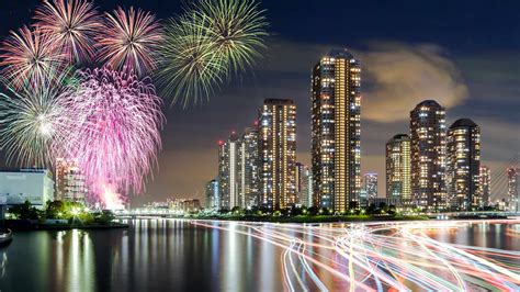 Wallpaper Japan Tokyo Fireworks Skyscrapers Night River 1920x1080