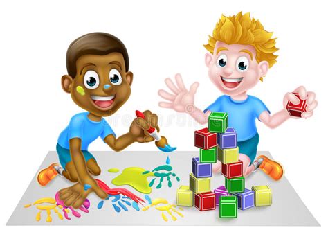 Cartoon Boys Playing With Paint And Blocks Stock Vector Illustration