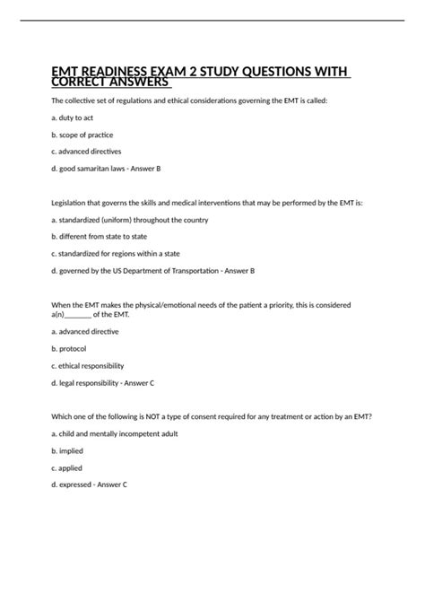 EMT READINESS EXAM 2 STUDY QUESTIONS WITH CORRECT ANSWERS - EMT