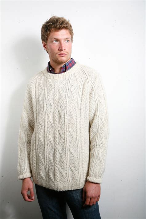 Mens 60s Wool Thick Sweater Cable Knit Cream Warm And Cozy