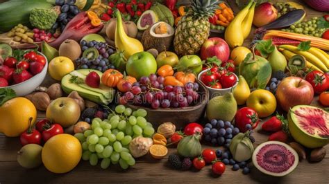 Different Colorful Fruits And Vegetables All Over The Table Stock Photo