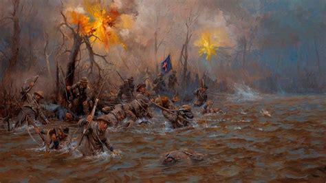 Painting Of Confederate Soldiers Wading Across A River While Under Fire
