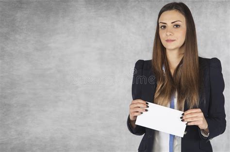 Businesswoman Holds In His Hands An Envelope Copy Space Next T Stock