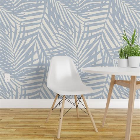 Peel And Stick Wallpaper 2ft Wide Cream Blue Tropical Palm Soft