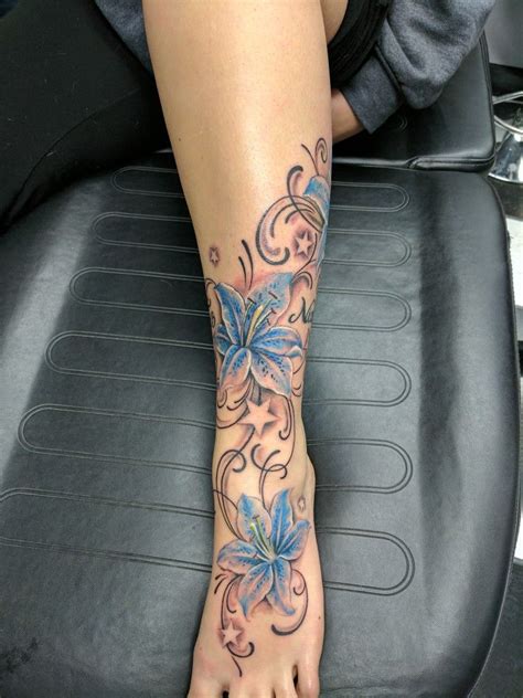 Lily Tattoo Lilies Foot Ankle Tattoo Stars Leg Calf Tattoos Ankle