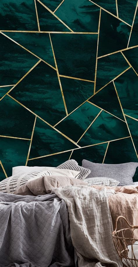 The accent wall matches well with the bed. Dark Teal Ink Gold Geometric 1 Wallpaper from Happywall ...