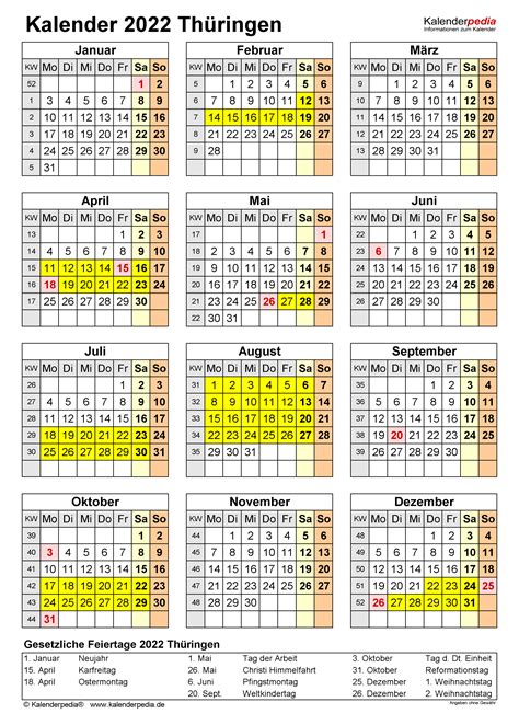Kalender 2022 Thüringen Ferien Feiertage Word Vorlagen