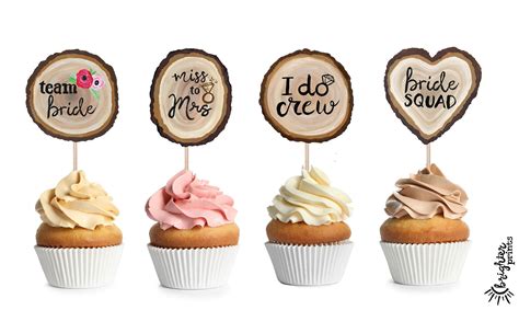 Bridal Shower Cupcake Toppers Printable Hand Painted Wood Etsy