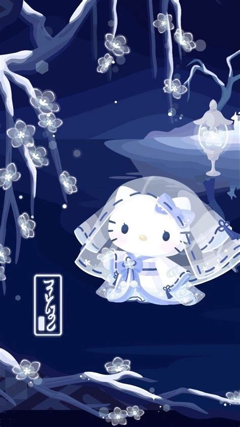 An Image Of Hello Kitty Floating In The Air With Snow On Her Head And