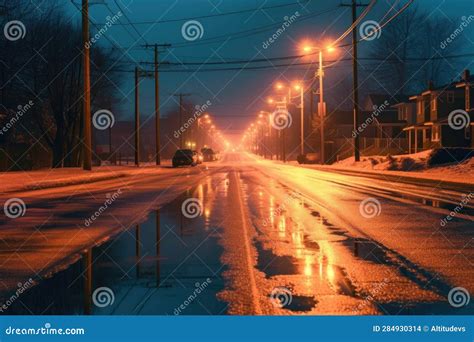 Icy Road Reflecting Streetlights During Nighttime Drive Stock