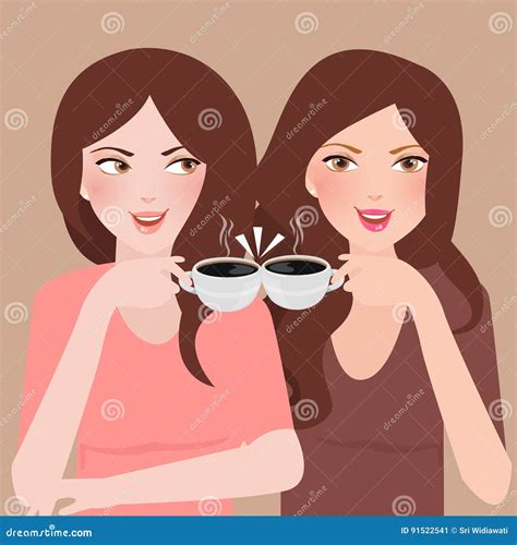 Two Young Girls Talking In A Cafeteria Drinking Coffee Together Stock
