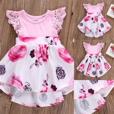 Puseky 0 24m Princess Girl Baby Dress Pink Lace Sleeves Floral Dress