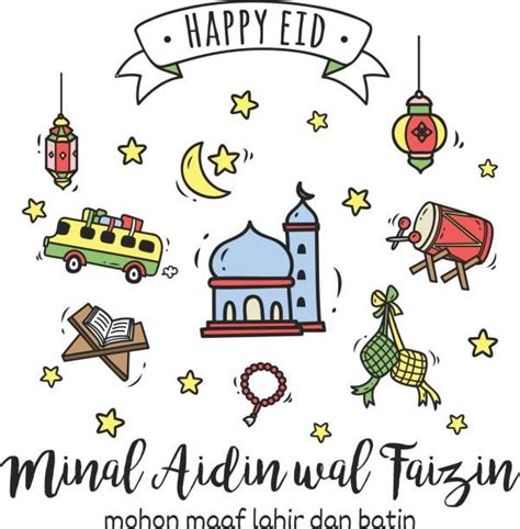 Eid Mubarak Or Idul Fitri Greeting Card In Cartoon Doodle Style Vector