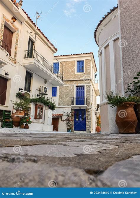 Charming Traditional Narrow Streets Of Greek Islands Skiathos Town On