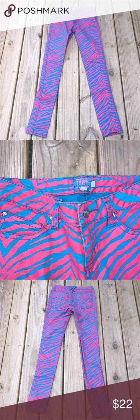 💥tripp Nyc Blue Pants With Pink Waxed Zebra Print Blue Pants Tripp Nyc Zebra Print