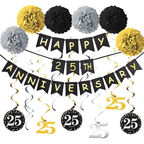 25th Anniversary Party Decorations Kit Gold Glitter Happy Banner