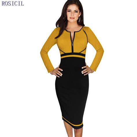 Rosicil Women Colorblock Round Neck Full Sleeve Bodycon Casual Office Work Business Pencil