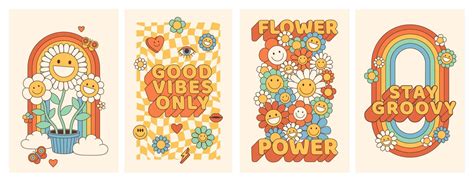 Groovy Hippie 70s Posters With Flower Rainbow Love In Trendy Retro