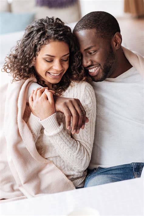Cute Young African American Couple Hugging In The Cafe Stock Image