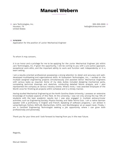 Additionally, i have been a responsible leader in a family owned small business. Junior Mechanical Engineer Cover Letter Example | Kickresume
