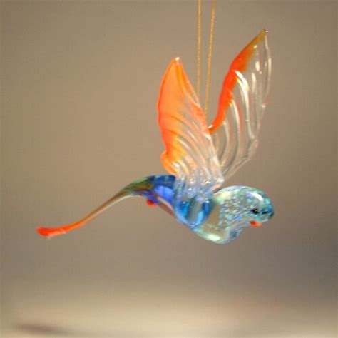 Handmade Blown Glass Figurine Art Blue And Orange Hanging Bird Etsy