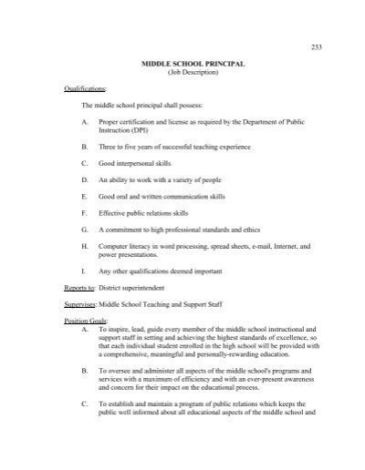 233 Middle School Principal Job Description Qualifications