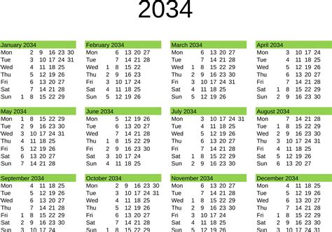 Year 2034 Calendar In English 22819482 Vector Art At Vecteezy