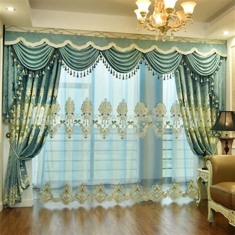 Embroidered Luxury European Style Curtains For Living Room Green