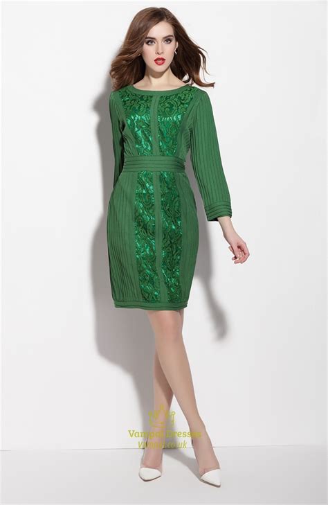 Emerald Green Long Sleeve Dress With Lace Embellished
