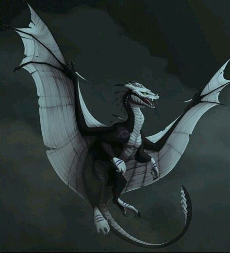 A White Dragon Sitting On Top Of A Cloud Filled Sky Next To A Black