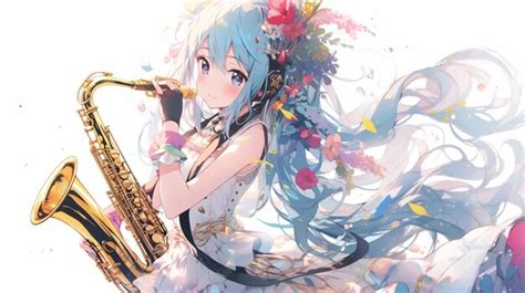 Premium Photo Anime Girl With Long Hair Playing A Saxophone And