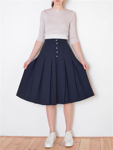 90s Pleated Navy Blue Midi Skirt With Buttoning Detail Etsy Blue Midi Skirt Retro Skirt