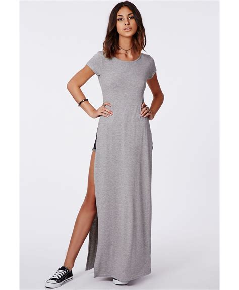 Missguided Krista T Shirt Style Side Split Maxi Dress Grey In Gray Lyst