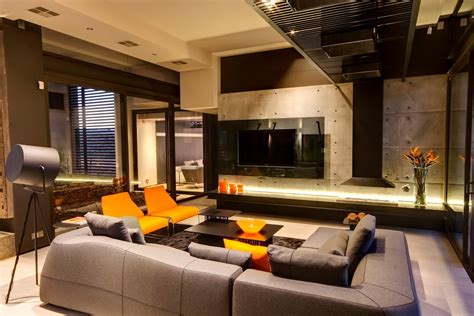 Exposed Concrete Wall Living Room Sofa Lighting Luxurious Modern