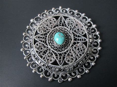 Silver Filigree Brooch Pendant With Turquoise Stone Etsy