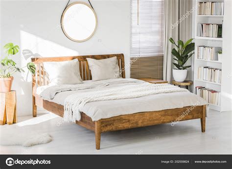 White Bedroom Interior Wooden King Size Bed Fresh Green Plants Stock