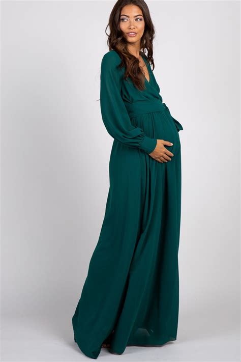 green chiffon long sleeve pleated maternity maxi dress medium