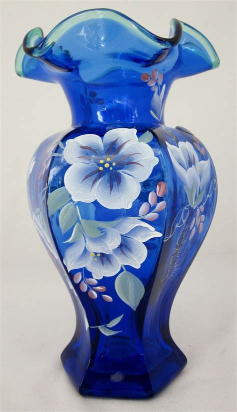 Fenton Cobalt Blue Vase Hand Painted Signed 75th Anniversary Hexagone