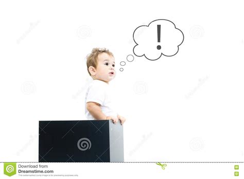 Thinking Cute Small Kid Boy With Question And Exclamation Signs In