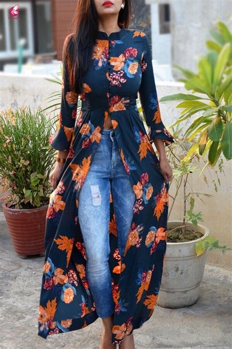 Long kurti with jeans casual college outfits. Blue Crepe Printed Floral Kurti by Colorauction #blue # ...