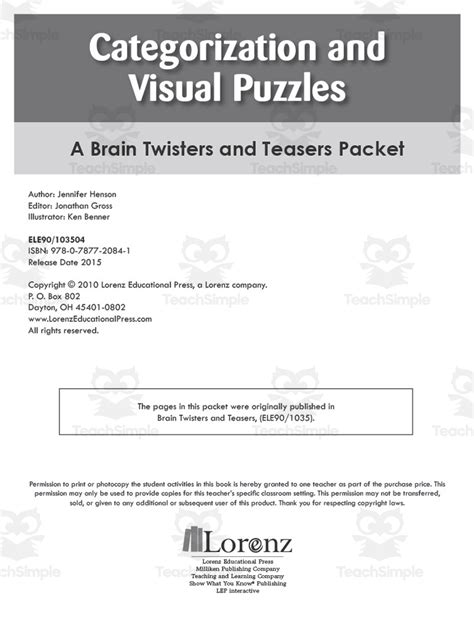 Categorization And Visual Puzzles A Brain Twisters And Teasers Packet