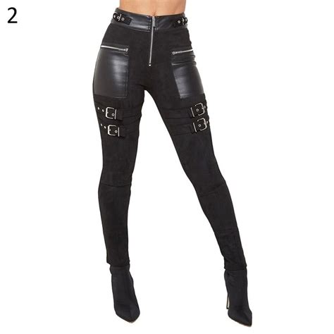 Pu Leather Woman Pants Gothic Patchwork Pencil Pants Skinny High Waist