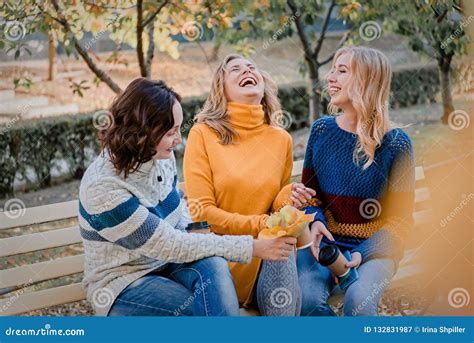 Cheerful Attractive Three Young Women Best Friends Having Fun Together