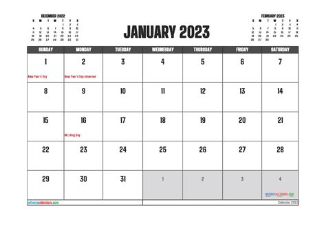 January Calendar 2023 Template With Holidays In Pdf Word Zohal