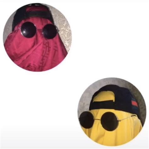 Two Round Buttons With Hats And Sunglasses On Them One In Yellow And