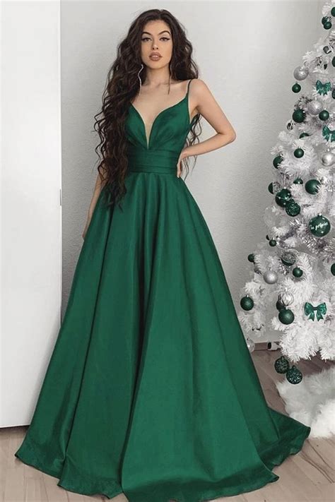 elegant v neck emerald green satin long prom dress v neck green formal graduation evening dress