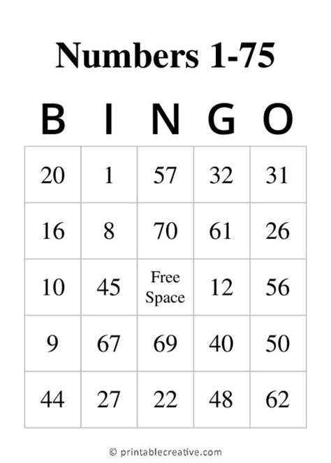 Numbers 1 75 Bingo